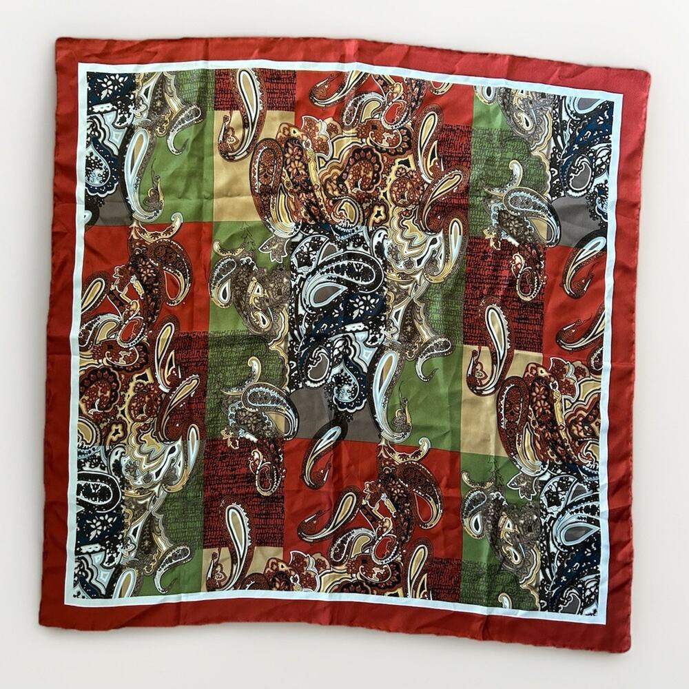 Vintage Doncaster Silk Square Scarf 34" Paisley Autumn Rust Olive Green Boho